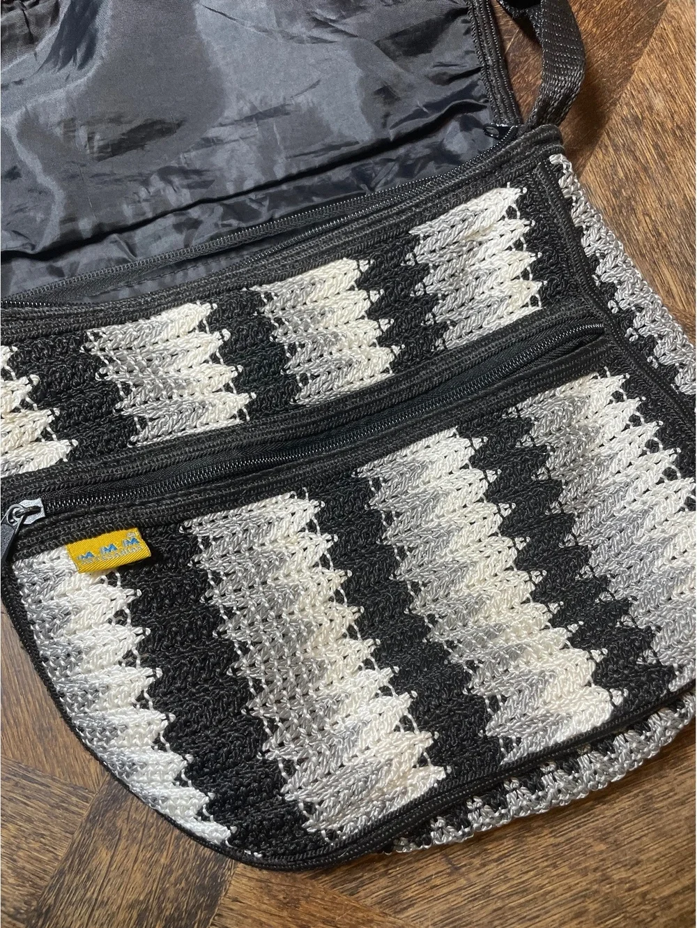 Cottage core boho style black, gray and white woven crossbody purse
